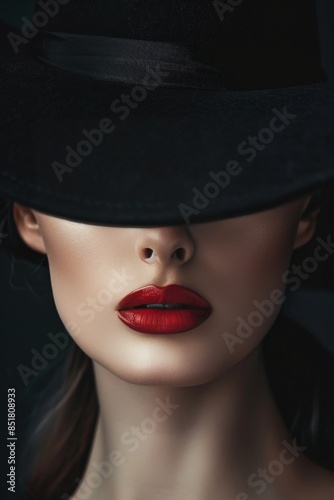 Close-up portrait of a woman with a black hat casting a slight shadow over her eyes, creating a mysterious allure. Smoky makeup accentuates her eyes © Lakkhana
