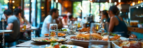 Close-up view of a restaurant table with multiple plates of food and water glasses. The diners are out of focus in the background