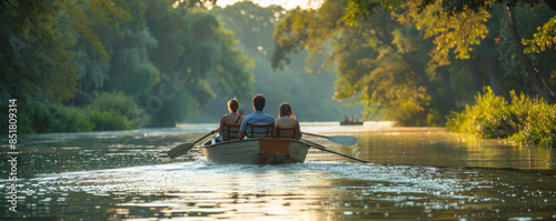 A group of friends taking a leisurely boat tour along a tranquil river, soaking in scenic views of the countryside. photo
