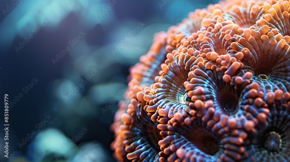 Obraz premium Close-up of a vibrant coral in the ocean, displaying intricate patterns and vivid colors in an underwater scene.