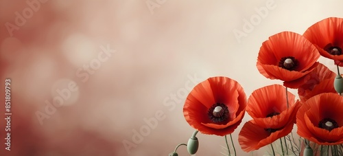 beautiful red poppy flowers on blur background. Summer, spring nature backdrop, banner