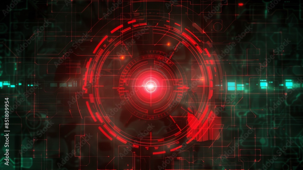 Obraz premium Futuristic digital red HUD interface with technological elements and data visualization for high-tech and cybersecurity themes.