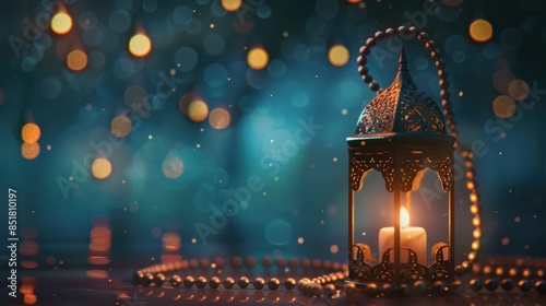 Celebration of islamic eid mubarak and eid al adha lantern with prayer beads 
