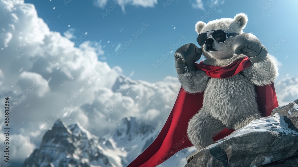Obraz premium A bear with black sunglasses, a red cape, and boxing gloves, standing triumphantly on a mountain peak.
