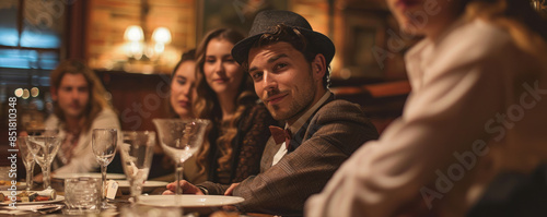 A group of friends attending an interactive murder mystery dinner theater, solving clues and unraveling a thrilling whodunit.