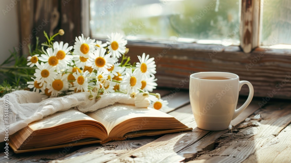 Chamomile daisy flowers bouquet, book, tea or coffee cup Chamomile daisy flowers bouquet, book, tea or coffee cup