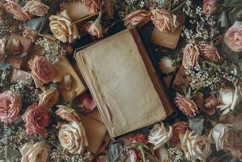 Old vintage book with scattered rose petals photo