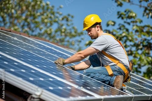 Workman installing solar pa...