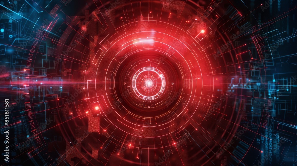Futuristic digital technology background with a red and blue circuit interface, perfect for tech, AI, and innovation concepts.
