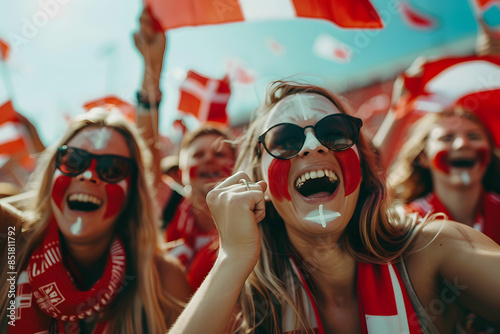 A close-up shot of Danish football fans with painted faces and waving flags, showing their excitement and team spirit in the stadium