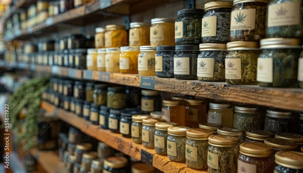 Rows of Glass Jars Filled With Various Spices on Wooden Shelves in a Shop Rows of Glass Jars Filled With Various Spices on Wooden Shelves in a Shop
