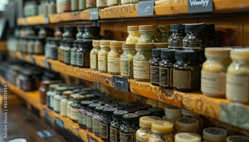 Rows of Glass Jars Filled With Various Spices on Wooden Shelves in a Shop Rows of Glass Jars Filled With Various Spices on Wooden Shelves in a Shop