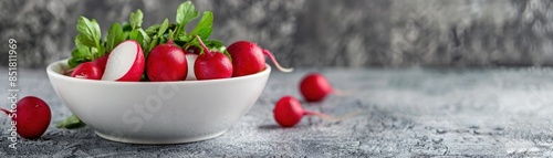 Chopped ripe red radishes in a white bowl. 