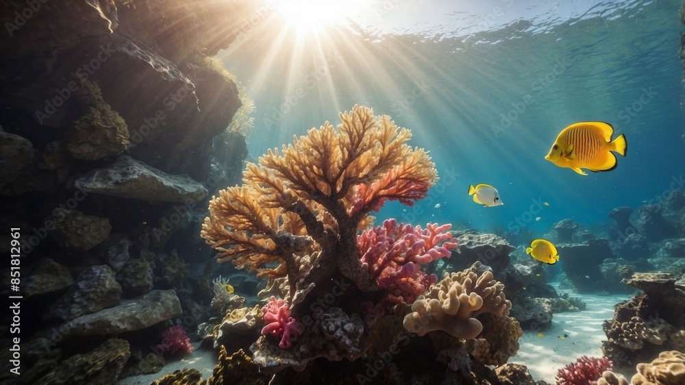 Obraz premium A serene underwater shot of colorful coral reefs and tropical fish, with sunlight streaming through the water, creating a vibrant and peaceful scene.