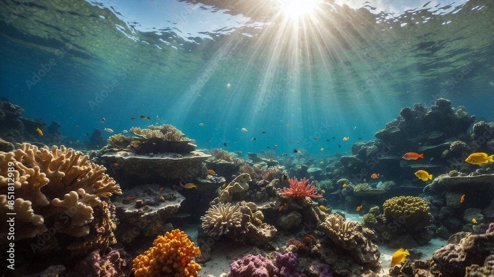 Fototapeta premium A serene underwater shot of colorful coral reefs and tropical fish, with sunlight streaming through the water, creating a vibrant and peaceful scene.