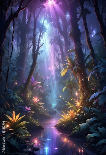 Vibrant and colored Fantasy jungle forest with stunning light effects © richard