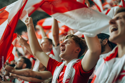 A detailed image of Polish football supporters waving red and white flags, singing and celebrating energetically in the stands 