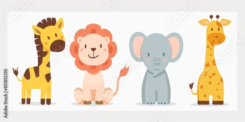 Fototapeta Naklejka Na Ścianę i Meble -  Four cute animals in a row. Lion, elephant, giraffe and monkey. Vector illustration.