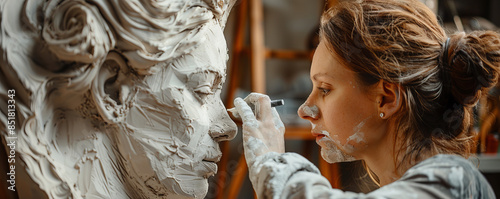 An artist sculpting a lifelike figure from clay, shaping and molding with meticulous attention to detail. photo