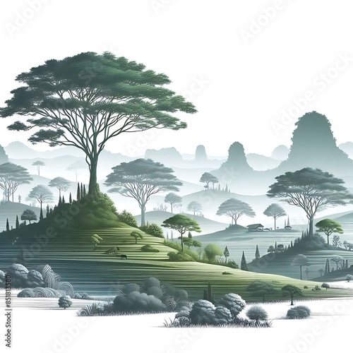 A landscape with tree design drawing graphics and hills engaging unique eyecatching highquality Illustrative. photo