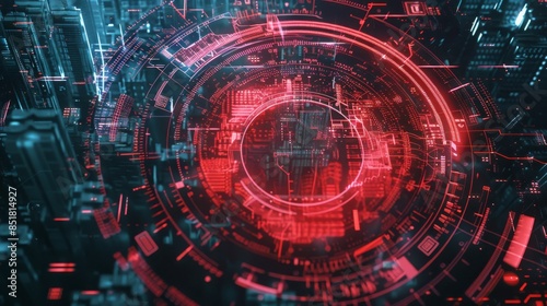 Futuristic red and blue digital technology interface, cyber network background with circular elements and high-tech details.