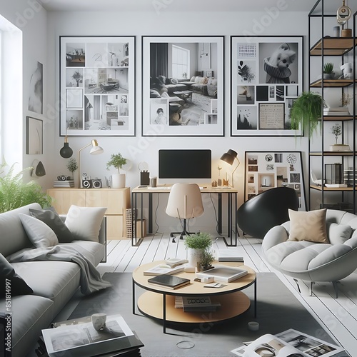 A living room style interior set design with a mockup poster empty white and with a couch and a desk Vibrant unique informative engaging.