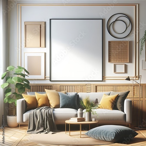 A living room style interior set design with a mockup poster empty white and with a couch and a picture frame decoration Vibrant engaging optimized unique professional.