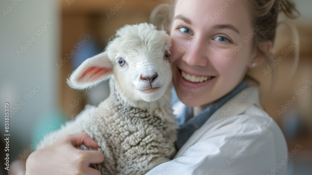 portrait of a female veterinarian holding a baby sheep in the farm portrait of a female veterinarian holding a baby sheep in the farm