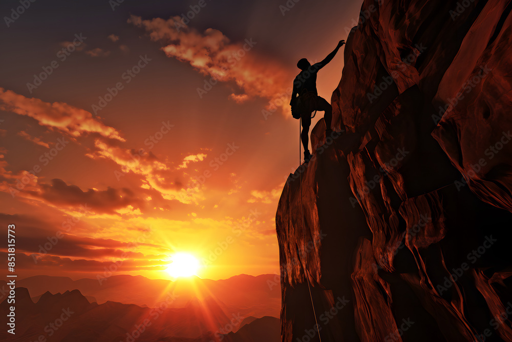 Climber ascending a rock at sunset Climber ascending a rock at sunset