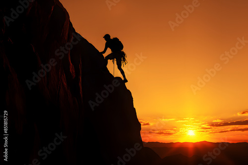 Climber ascending a rock at sunset