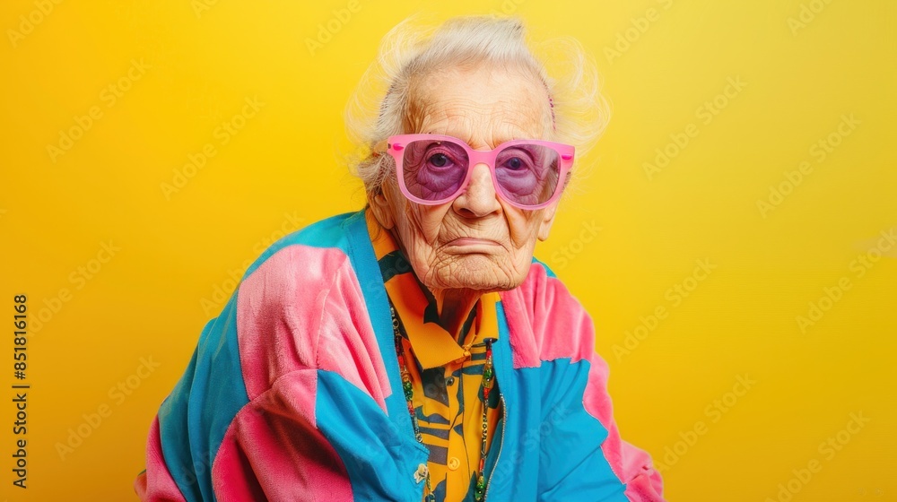 An old grandmother in a good mood in a colorful dress and pink glasses on a yellow isolated background. Elderly woman in hipster outfit An old grandmother in a good mood in a colorful dress and pink glasses on a yellow isolated background. Elderly woman in hipster outfit
