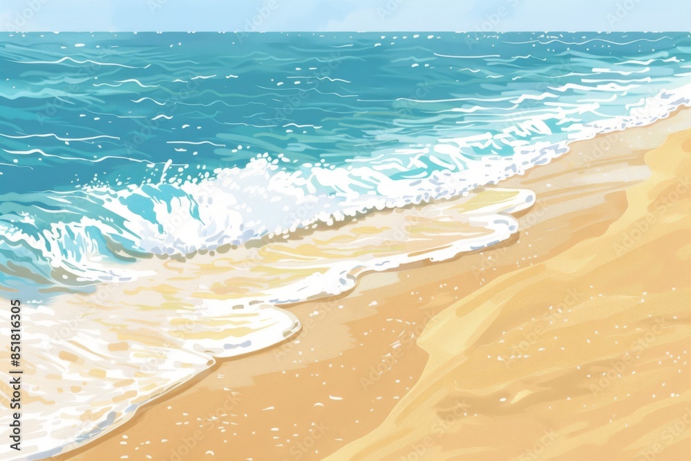 A peaceful beach scene with gentle waves and soft sand, inviting relaxation and tranquility. The illustration is a perfect representation of a serene getaway.