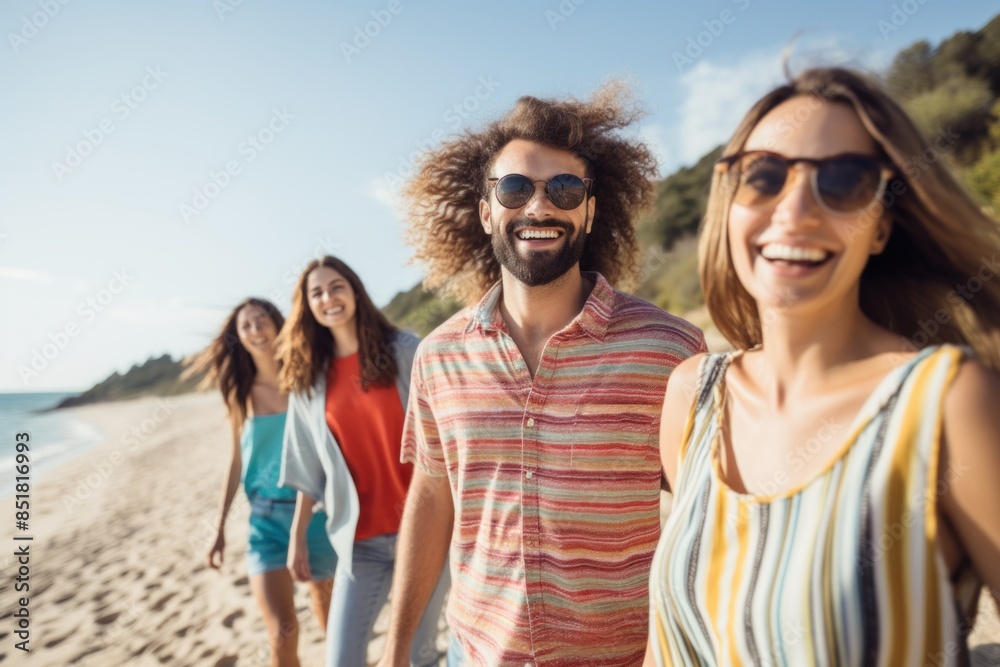 Group of happy friends in striped clothes walking along the sandy beach Friendship of the seas with different seasons and people Group of happy friends in striped clothes walking along the sandy beach Friendship of the seas with different seasons and people