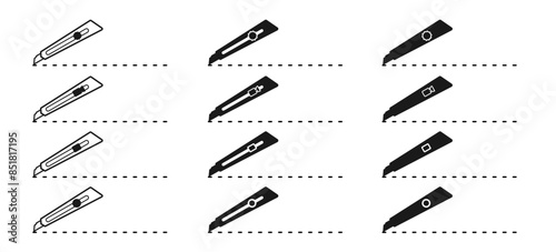 cutter icon set. cutter knife with dotted line vector illustration isolated on white background.