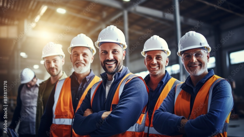 Group of smiling construction workers wearing hard hats teamwork Successful team Group of smiling construction workers wearing hard hats teamwork Successful team