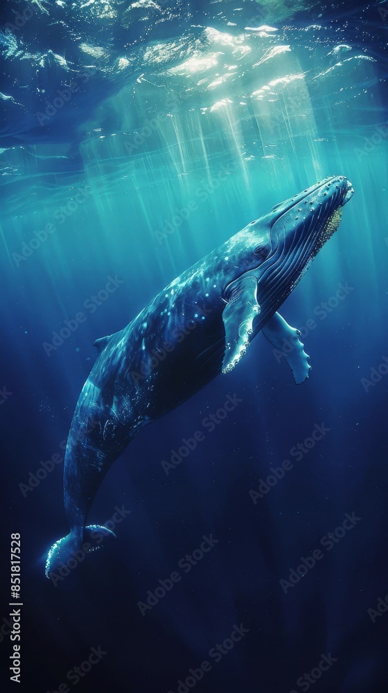 Blue whale in the ocean: A majestic blue whale swimming gracefully in the deep blue ocean, with sunlight filtering through the water Blue whale in the ocean: A majestic blue whale swimming gracefully in the deep blue ocean, with sunlight filtering through the water