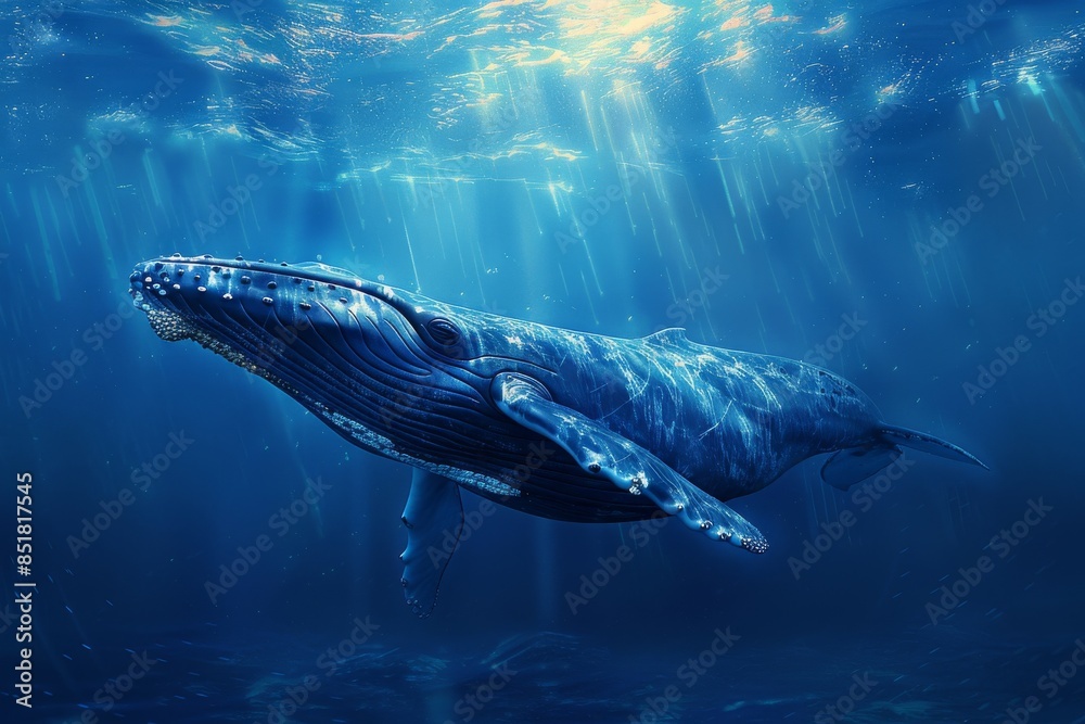 Fototapeta premium Blue whale in the ocean: A majestic blue whale swimming gracefully in the deep blue ocean, with sunlight filtering through the water