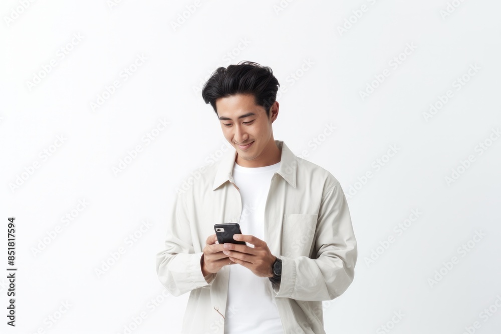 Handsome Asian young man using mobile phone Surf the web or social media sitting on an armchair on holiday relax Handsome Asian young man using mobile phone Surf the web or social media sitting on an armchair on holiday relax