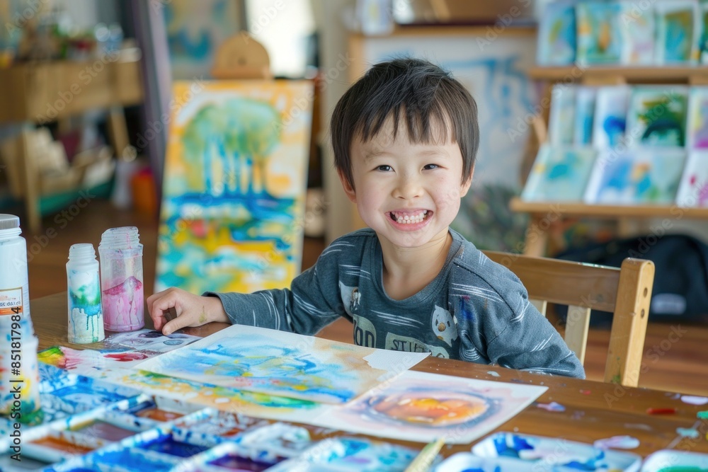 Fototapeta premium Happy little Asian child intently painting watercolor art on table develop learning Train small muscles