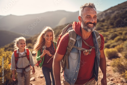 Multi-generational happy family on summer vacation hiking trip, walking outdoor activities adventure photo