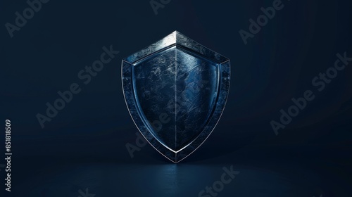 Metallic blue shield on a dark background, symbolizing protection and security. Perfect for themes of defense, strength, and safety.