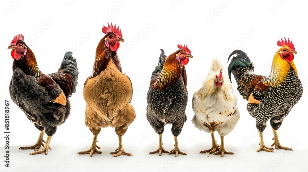Fototapeta premium Close-up of chickens in different stances, highlighting their unique features against a white background.
