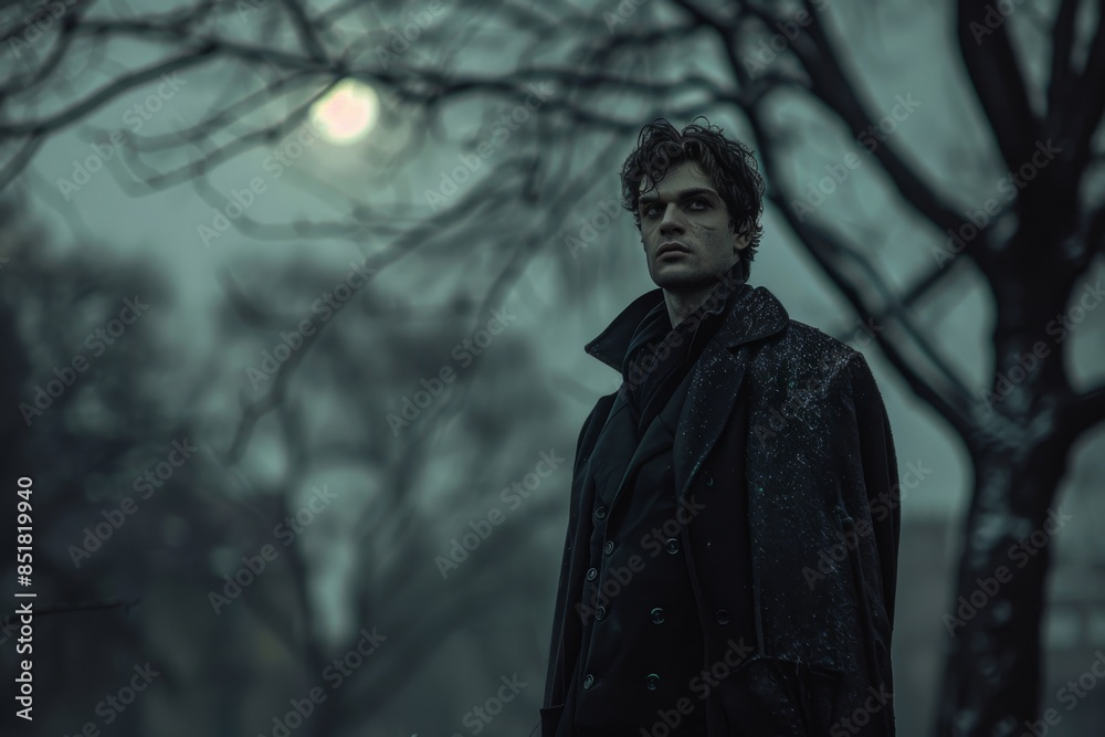 Portrait of a mysterious vampire man in a dark autumn park Portrait of a mysterious vampire man in a dark autumn park
