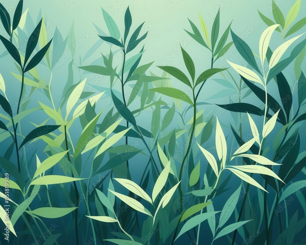 Naklejka premium Stylized bamboo leaves, vibrant greens, flat design, clean lines