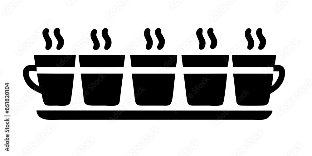 A row of five stylized coffee cups appears, each with steam rising, against a transparent background. Each cup is the same black color and fits perfectly on a shared tray or surface.AI generated. A row of five stylized coffee cups appears, each with steam rising, against a transparent background. Each cup is the same black color and fits perfectly on a shared tray or surface.AI generated.