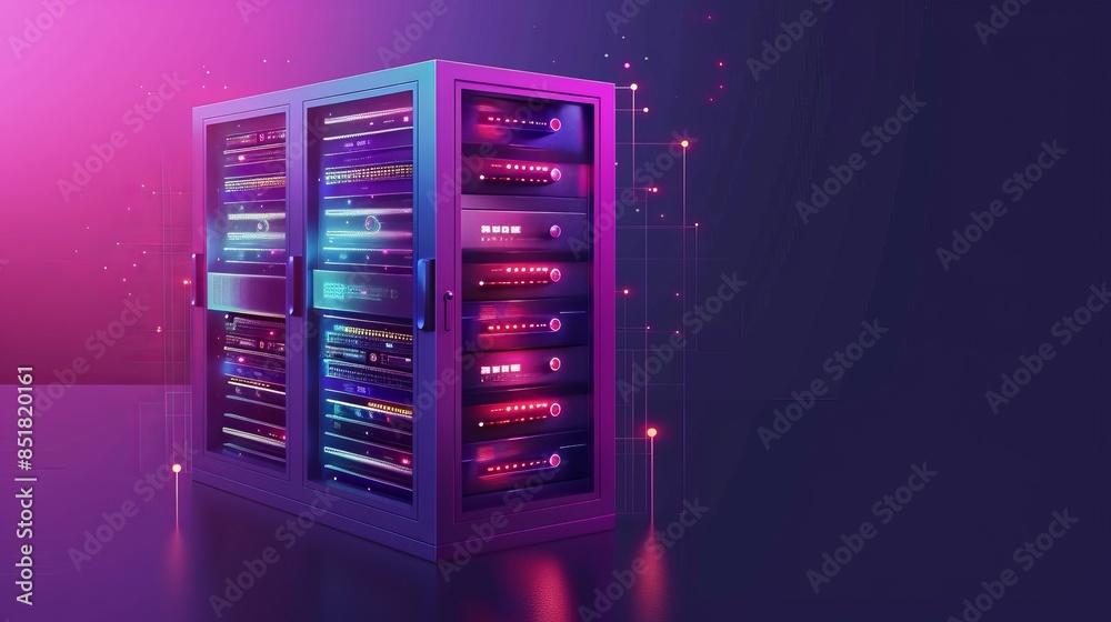 Modern server rack with illuminated components in a futuristic data center, showcasing technology and network infrastructure. Modern server rack with illuminated components in a futuristic data center, showcasing technology and network infrastructure.