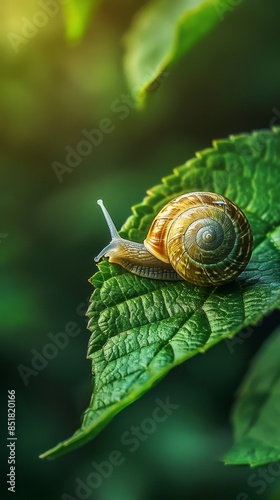 Snail on a leaf: A small snail crawling slowly on a vibrant green leaf, its shell gleaming in the sunlight, capturing the delicate beauty of nature up close. 