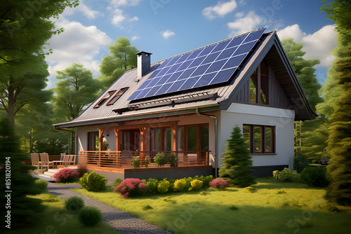 A house with solar panels on the roof. Concept of Sustainable and clean energy at home.