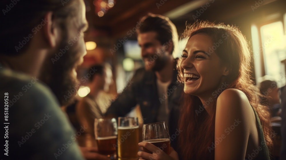 Group of happily smiling friends drinking beer and chatting at bar or pub party with friends weekend happiness Group of happily smiling friends drinking beer and chatting at bar or pub party with friends weekend happiness