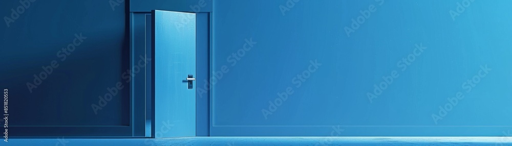 Open door in a blue room with blue lighting, symbolizing opportunities and new beginnings. Minimalist and modern interior design. Open door in a blue room with blue lighting, symbolizing opportunities and new beginnings. Minimalist and modern interior design.